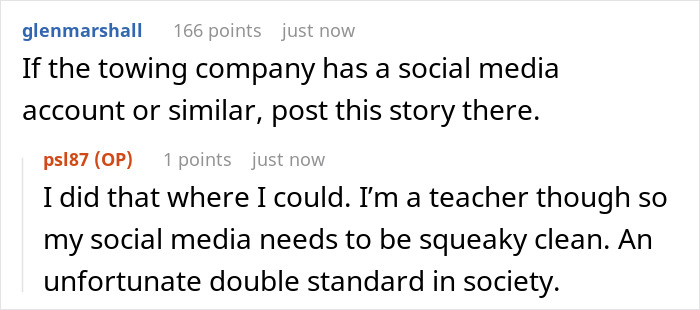 Reddit conversation discussing towing company's actions and social media strategy.