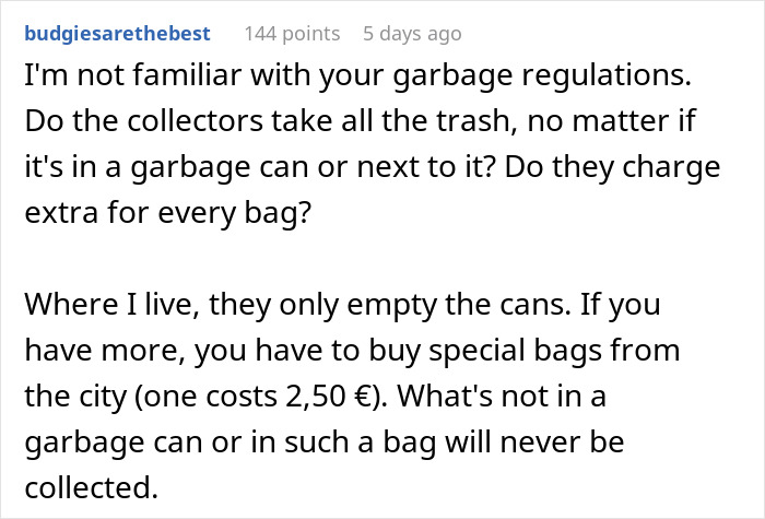 Text screenshot discussing garbage collection regulations and extra charges for bags.