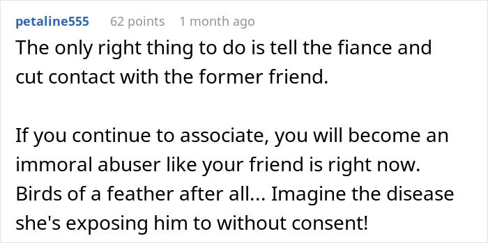 Online comment advising woman to cut contact after best friend's affair confession.