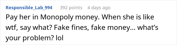 Online comment suggesting to pay fake fines with Monopoly money for house rules.