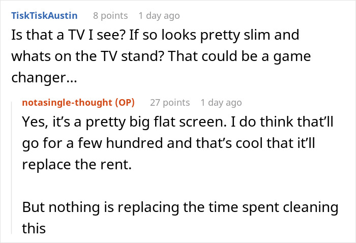 Reddit comments discussing a slim TV, rent replacement, and cleaning up after a so-called friend.