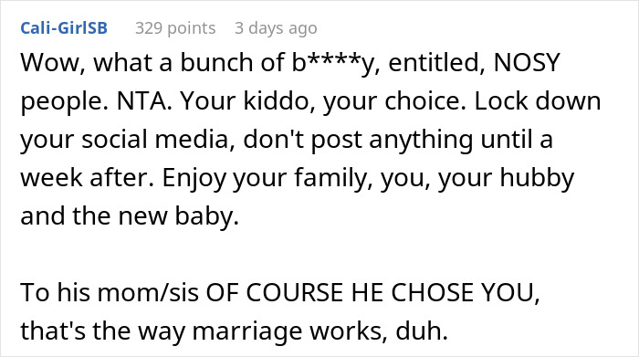 Comment supporting a woman handling family drama after choosing to openly display her pregnancy at her wedding.