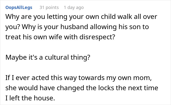 Text discussing mother's response to son's entitled behavior and lack of respect, questioning cultural influences.