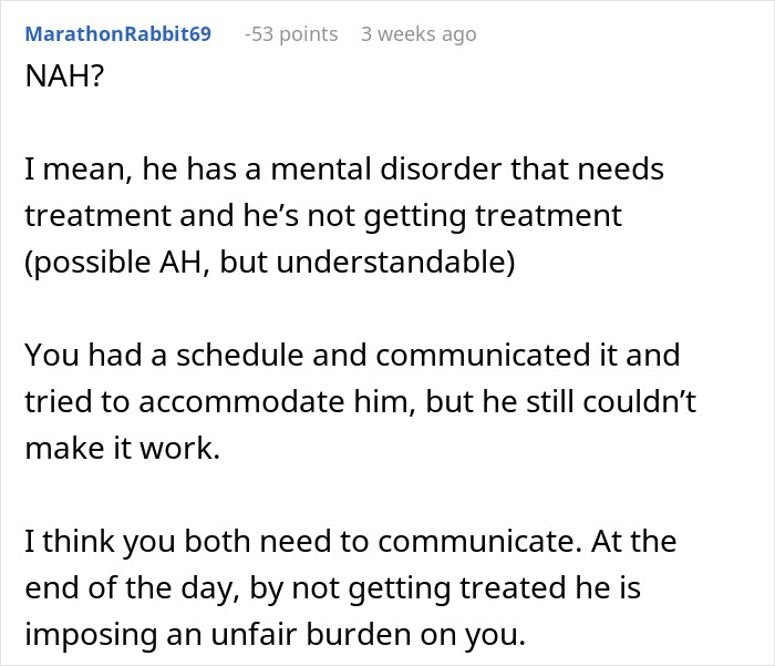 Comment discussing partner's OCD, need for treatment, and communication challenges in a relationship.