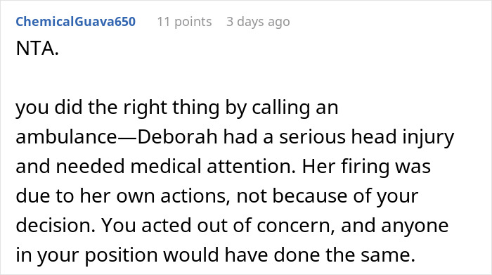 Reddit comment discussing coworker's firing after ambulance call.