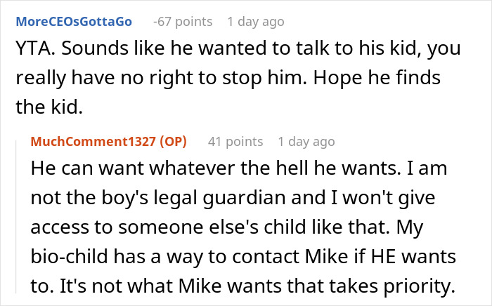 Reddit exchange about a man guilt-tripping a woman over adopted child, discussing legal guardian rights.