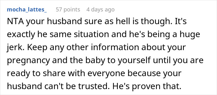 Reddit comment discussing pregnancy privacy and trust issues in relationships.