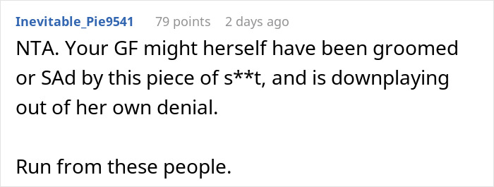 Reddit comment discussing intense family dynamics involving a girlfriend and her stepbrother.