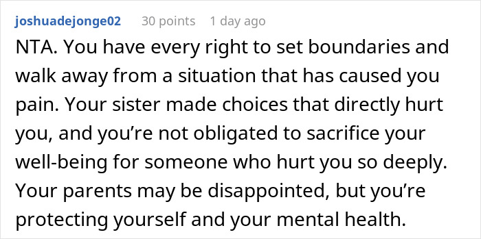 Reddit comment about setting boundaries after betrayal involving sister and husband.