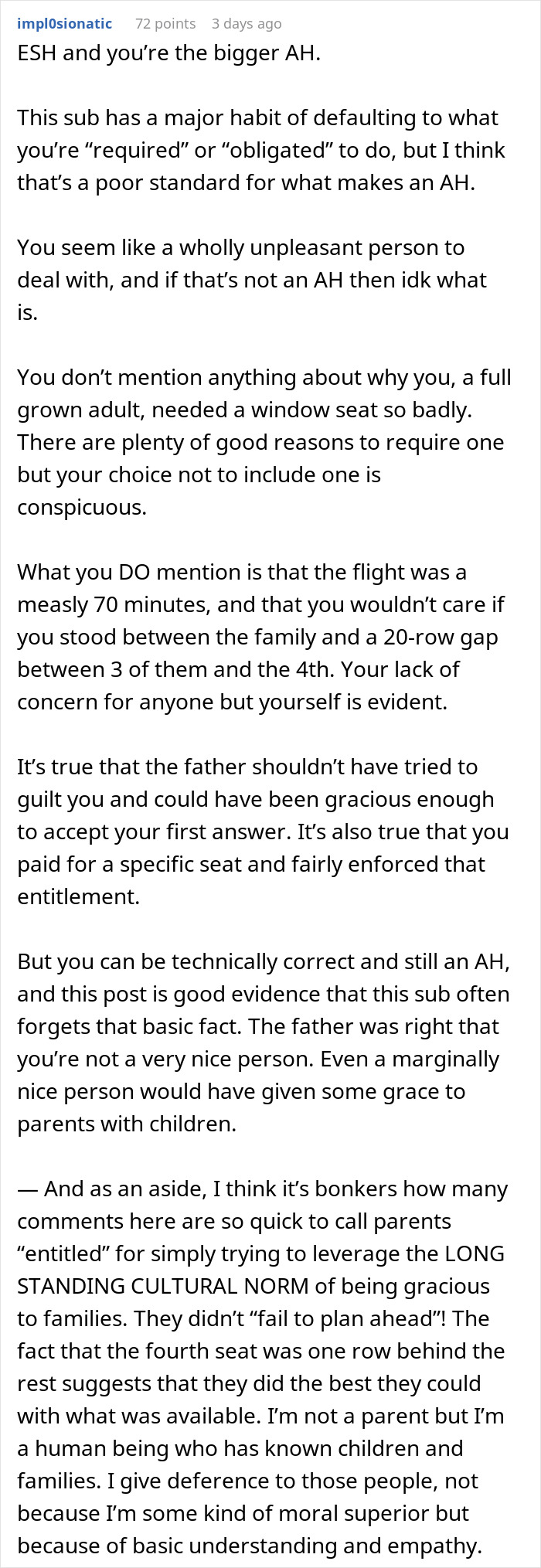 Reddit comment criticizing refusal to switch airplane seats, highlighting issues of entitlement and empathy.