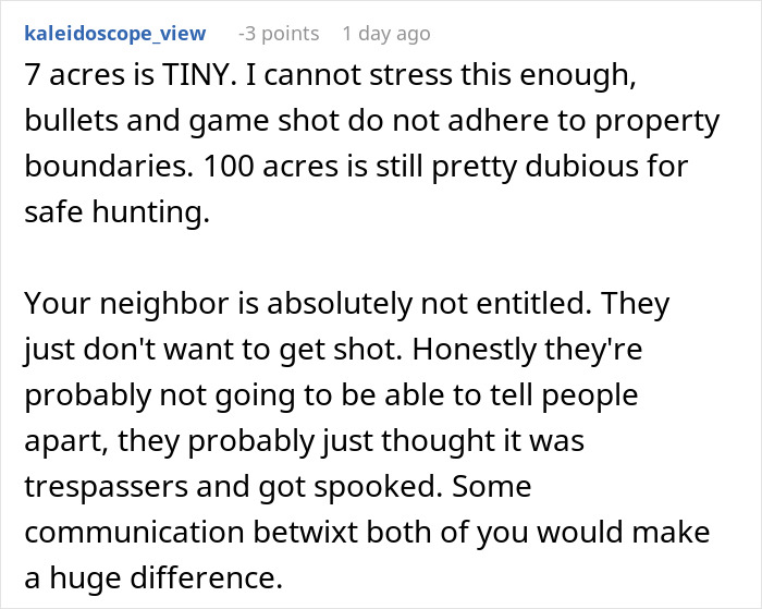 Reddit comment discussing neighbor concerns about hunting deer on private land boundaries.