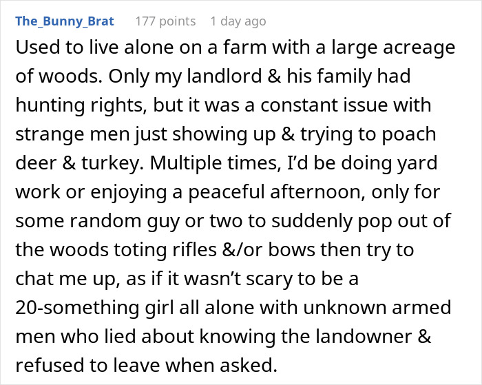 Text discussing encounters with strangers hunting deer on private land without permission.