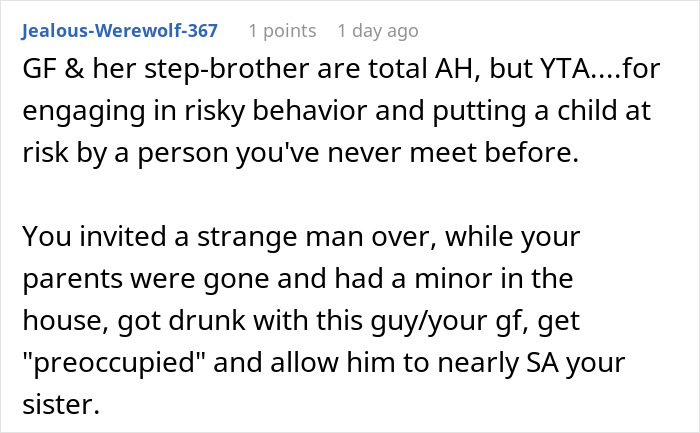 Text from a post discussing risky behavior by a girlfriend and stepbrother.