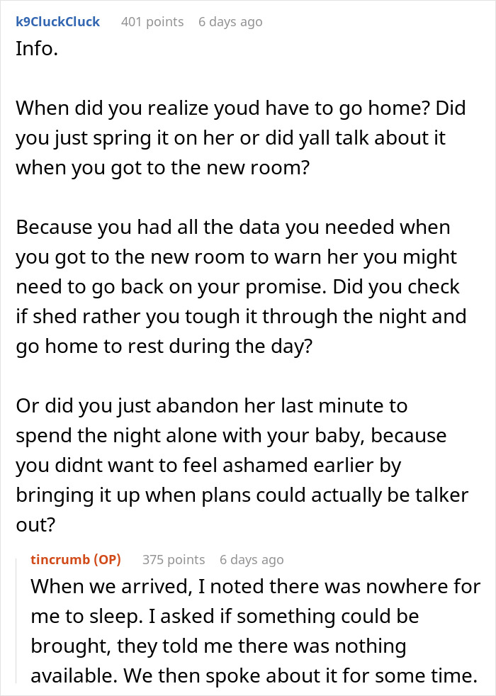 Reddit comment thread discussing husband not staying after wife's C-section.