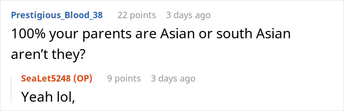 Reddit comment discussing assumptions about Asian or South Asian parents in relation to a family situation.