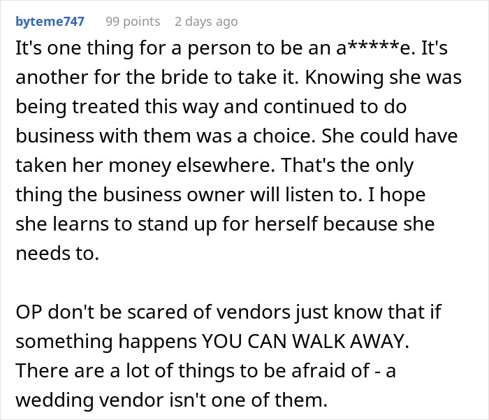 Comment about wedding caterer arguing with bride and ruining her favorite dish, emphasizing vendor issues.