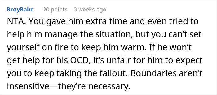 Text comment discussing the impact of OCD on relationship dynamics and the necessity of setting boundaries.