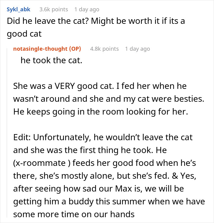 Text exchange about a friend skipping out on rent and taking a cherished cat, leaving the family upset.