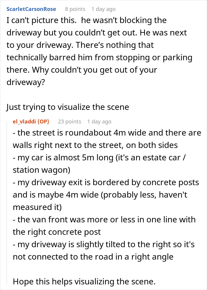 Text exchange discussing a van near a black driveway, detailing measurements and obstacles for visualizing the scene.