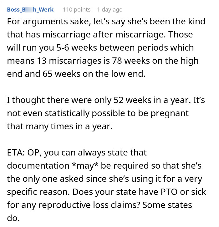 Reddit post discussing bereavement leave policies for employees after a fetal miscarriage.