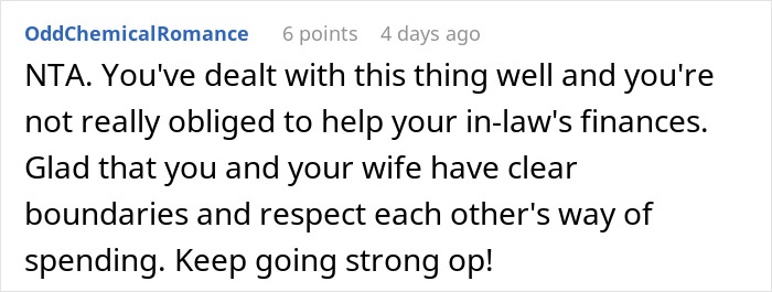 A supportive comment on Reddit about financial independence and boundaries, addressing a so-called "deadbeat.