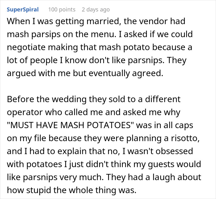 Text of a wedding caterer discussing menu disagreement with a bride over parsnips and mashed potatoes.