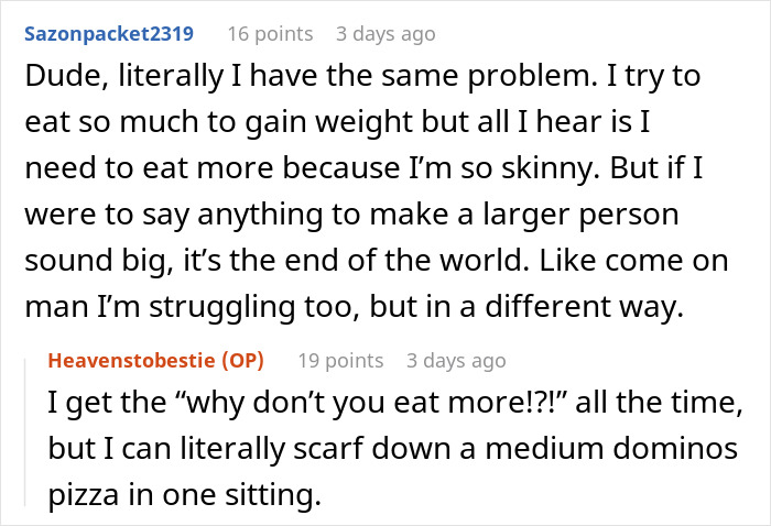 Reddit conversation discussing experiences with being skinny and eating habits.