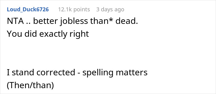 Comment discussing if calling an ambulance got a coworker fired, highlighting a spelling correction.