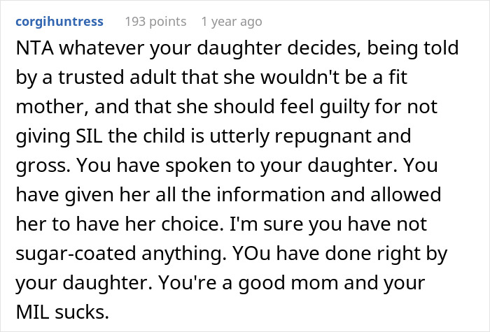 Reddit comment defending daughter against grandmother over baby custody issue.