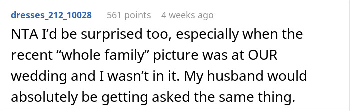 Reddit comment discussing a husband's absence from an in-laws' anniversary collage.