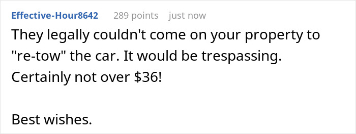 Comment about towing company threatening to tow a car over $36, mentioning trespassing concerns.