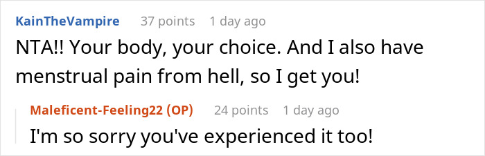 Reddit conversation about woman planning hysterectomy, discussing personal choices and menstrual pain.