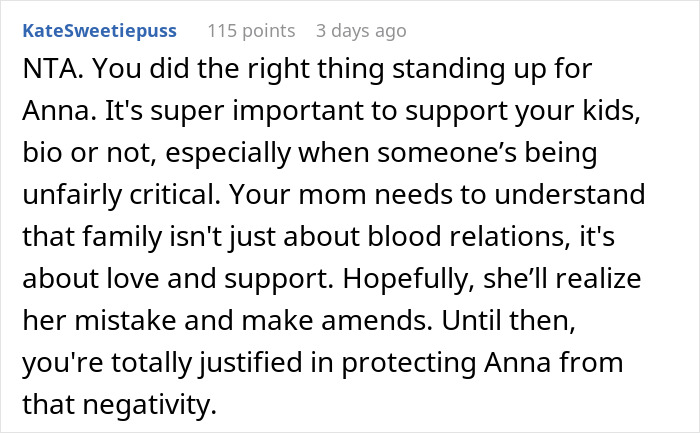 Comment discussing family support and criticism of step-granddaughter, emphasizing the importance of love over blood relations.