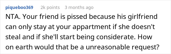 Reddit comment expressing frustration about a woman eating boyfriend’s roommates' food.