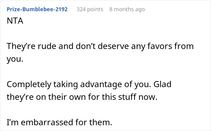 Reddit comment discussing a man’s decision to stop helping in-laws due to their attitude.