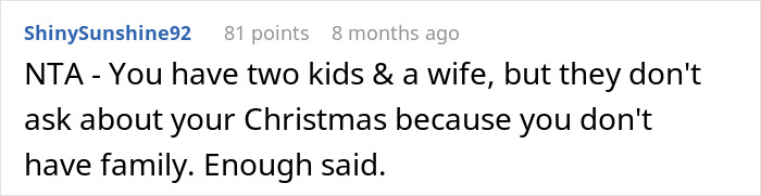 Reddit comment discussing family dynamics and holiday issues with in-laws.