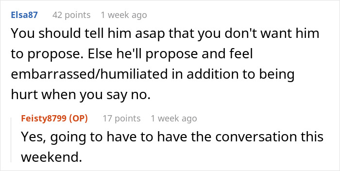 Reddit comments discussing a ring proposal and engagement conversation timing.