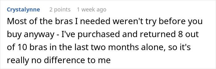 Customer comment on Amazon AI shifts, discussing frequent returns of bras.