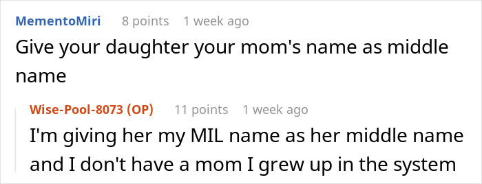 Reddit conversation about choosing a middle name for a baby, involving MIL and personal background.