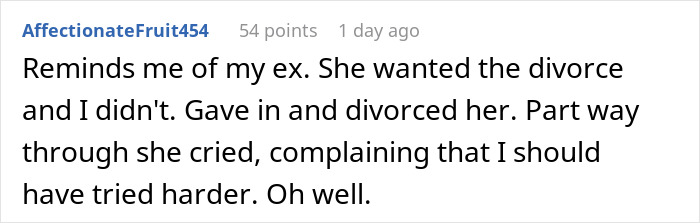 Reddit comment on relationship issues, reflecting feelings of regret and irony in a breakup context.