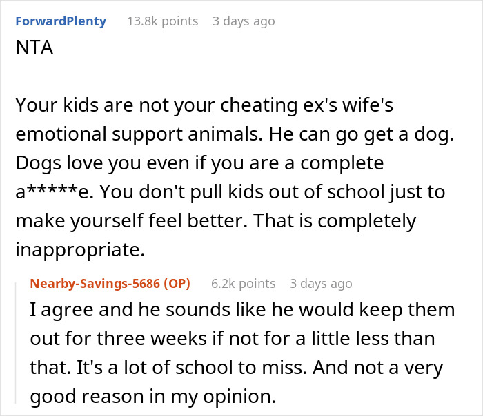 Reddit comments discussing a woman's refusal to comfort ex-husband; mention of emotional support and school absence.