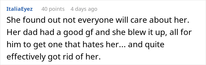 Comment discussing a teen disliking her dad's new girlfriend more than the ex-girlfriend.