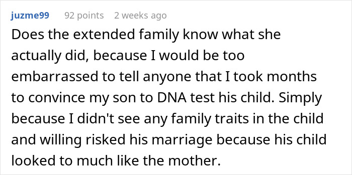 Comment discussing pushing for a paternity test due to baby resembling wife.