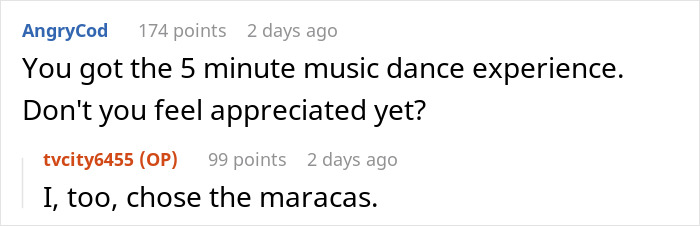 Reddit comments discuss a company's appreciation potluck, mentioning maracas and a music dance experience.