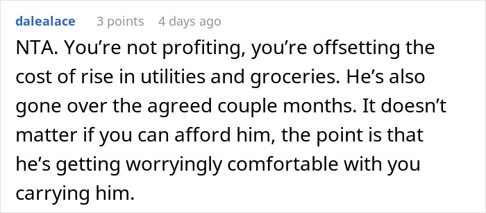 Comment defending a woman charging her brother rent due to increased living costs.