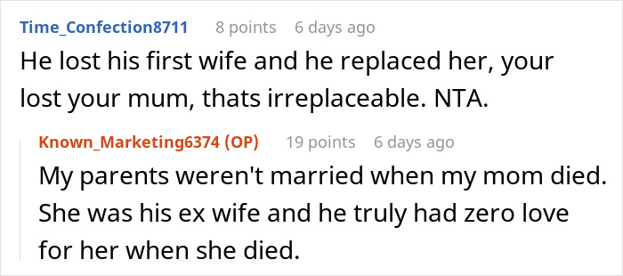 Reddit discussion about dad, grief over ex-wife, and name of children.