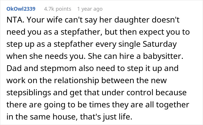 Reddit comment discussing stepfather responsibilities and balancing hobbies with family commitments.