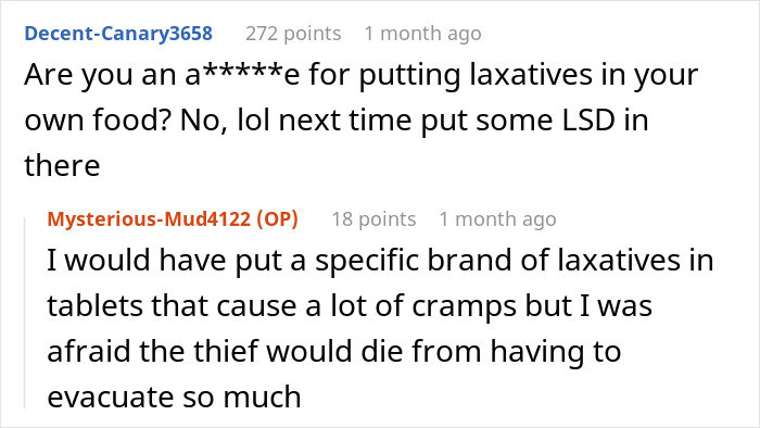 Reddit comments discussing adding laxatives to food to catch a thief in an office setting.