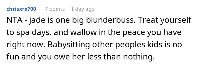 Text supports woman refusing to babysit sister's kids, promotes self-care.