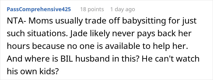 Reddit comment discusses babysitting, questioning why a sister doesn't trade babysitting hours or involve her husband.